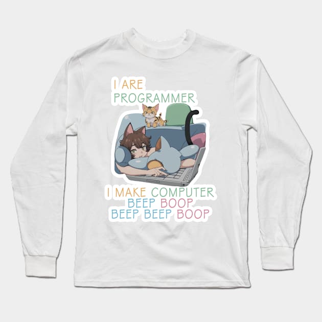 I are programmer i make computer beep boop Cat Long Sleeve T-Shirt by LycheeDesign